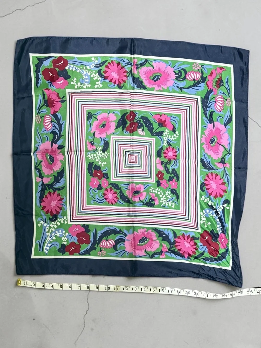 Floral Square Silk Scarf in Pink, Green & Navy